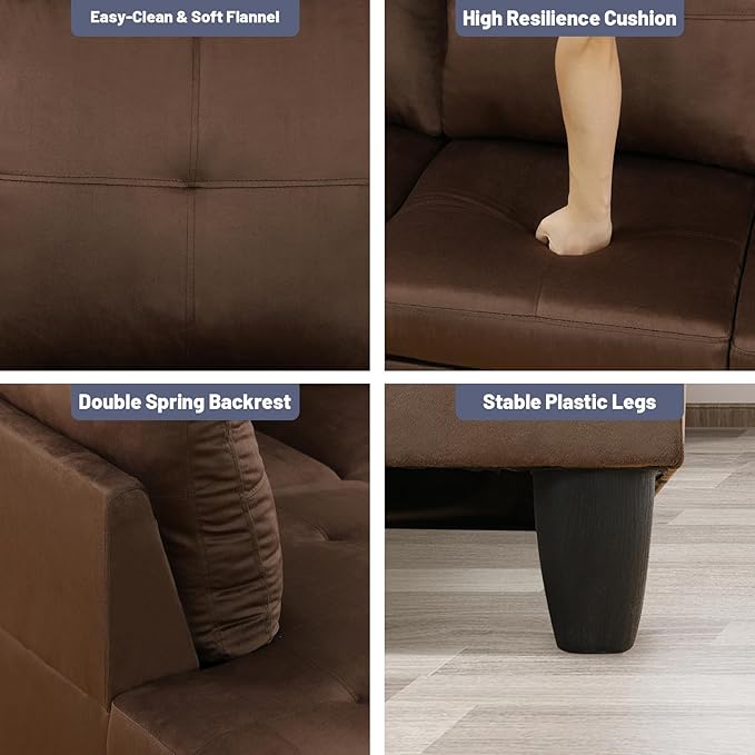 L-Shape 3-Piece Cloud Sofa, Couch for Living Room, Chocolate Flannel Fabric L-Shape with Reversible Chaise & Storage Ottoman, Ergonomic 110–115° Recline, Solid-Wood Frame