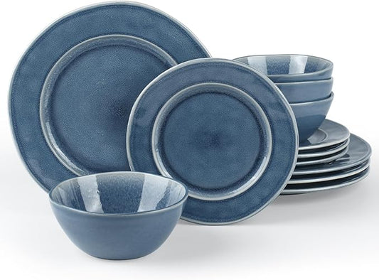 Famiware Plates and Bowls Sets, 12 Piece Dinnerware Sets for 4, Aurora Irregular Handmade Stoneware Dishes Set, Reactive Glaze, Microwave & Dishwasher Safe, Scratch-resistant, Lagoon Blue