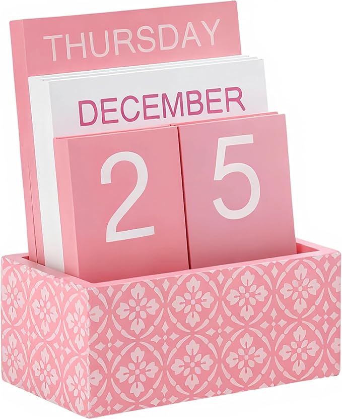 Wooden Block Perpetual Calendar for Desk, Cute Desk Accessories Pink, Flip Calendar for Office Classroom Preppy Room Decor
