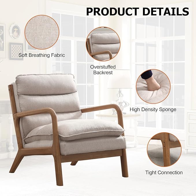 Phoenix Home Accent Chair Set of 2 Mid Century Lounge Chair PU Leather, Upholstered Reading Armchair with Lumbar Pillow & Solid Wood Frame for Office, Living Room Bedroom, Balcony, Beige