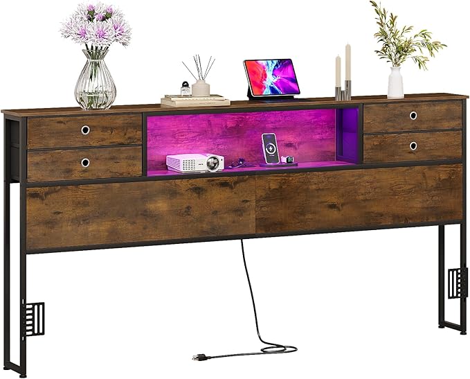 GiftGo King Size Headboard with 4 Fabric Storage Drawers Charging Station LED Light Adjustable Height Storage Rack Sturdy and Stable Metal Frame & Wood Shelf (Rustic Brown, King (U.S. Standard))