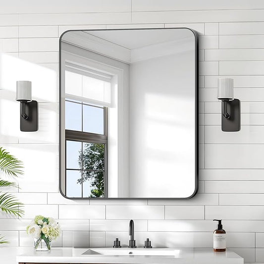 KOCUUY 30x36 Inch Rectangle Bathroom Mirror with Black Metal Frame,Modern Design of Wall Mounted Upgraded Shatterproof Glass, Rounded Corners for Bedroom, Living Room, Entryway
