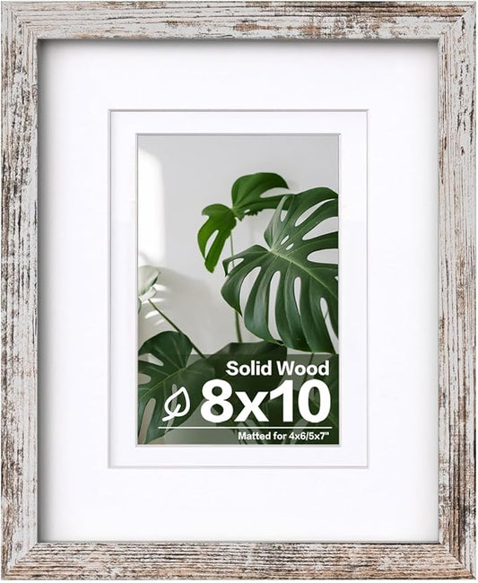 Egofine 8x10 Picture Frame Made of Solid Wood Covered by Plexiglass, Display Pictures 4x6/5x7 with Mat or 8x10 Without Mat for Table Top Display and Wall Mounting Photo Frame, Rustic White