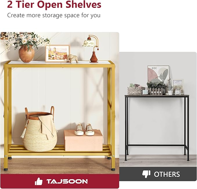 Tajsoon Entryway Table, 2-Tier Small Consle Table for Entryway, Narrow Sofa Table with Shelves, Entrace Table for Hallway, Living Room, Corridor, Office, Gold & White