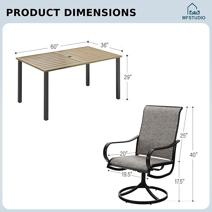 MFSTUDIO Patio Table and Chairs Set of 6, Outdoor Dining Set for 6 with Umbrella Hole, Outdoor Patio Furniture Set for Deck, Backyard, Poolside & Garden
