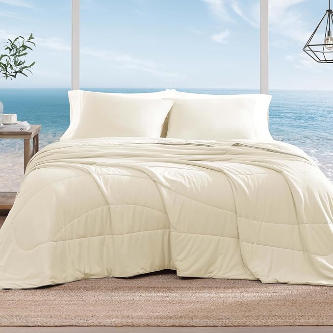 Monbix ChillChilla Cooling Comforter King Size-3 Pieces Cooling Blankets for Hot Sleepers and Night Sweats, Double-Sided Summer King Size Comforter Set, Breathable Lightweight Blanket Cream White