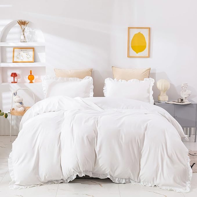 Cottonight Ruffle White Comforter Set California King Farmhouse Shabby Bedding Comforter Set Ruffled Friange White Blanket Quilts Cotton Soft Breathable Bedding Set for Cal King Bed
