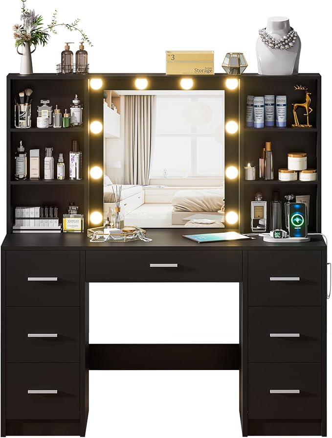 Large Vanity Desk with Mirror and 10 Lights, Makeup Vanity Table with Power Outlet, 7 Drawers and 6 Storage Shelves, Makeup Vanity Desk Dressing Table with 3 Lighting Modes for Bedroom (Black)