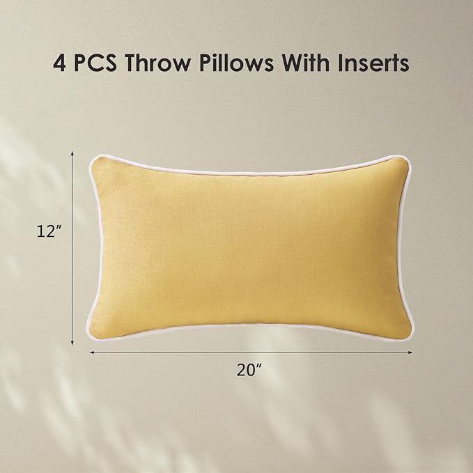 Decorative Outdoor Water Repellent Throw Pillows with Inserts, Set of 4, 20" x12" Pillows for Patio, Backyard, Bed, Couch, and Patio Furniture, Yellow