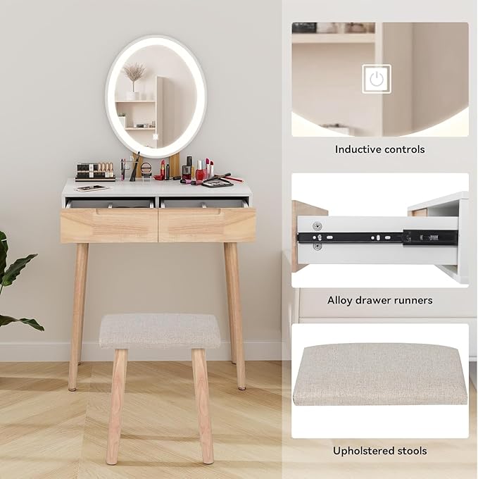 YOURLITE Makeup Vanity Desk with Lights, Small Vanity with Adjustable Brightness Mirror for Small Spaces, Dressing Table with Drawers 27.5", Oval Mirror Wood