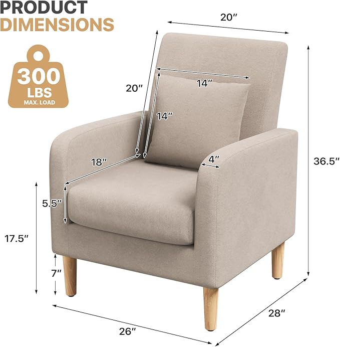 Magshion Mid-Century Accent Chair for Living Room, Comfy Reading Chair for Bedroom, Upholstered Linen Fabric Armchair Single Sofa with Back Pillow & Wood Legs, 300 lbs Capacity, Beige