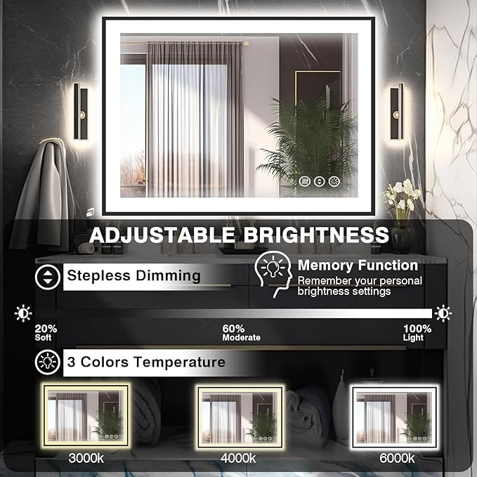 40x36 LED Bathroom Vanity Mirrors - Black Aluminum Edge (Front and Backlit), Anti-Fog Vanity Mirror with Lights,Stepless Dimmable Lighted Mirror,3 Colors Smart Mirror(Horizontal/Vertical)