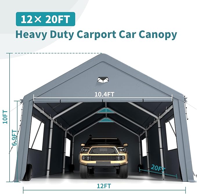 12x20FT Heavy Duty Carport Canopy,Extra Large Portable Car Tent Garage with Roll-up Windows and All-Season Tarp Cover,Removable Roof&Side Walls for Car,SUV,Boats&Truck Shelter Logic Storage