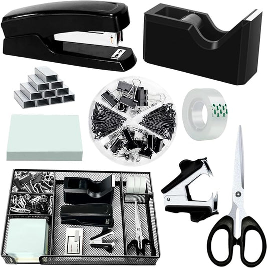 Black Office Desk Accessories, Black Office Supplies Set, Desk Drawer Organizer,Stapler and Tape Dispenser Set,Tape,Staple Remover, Staples, Paper Clips, Scissor and Sticky Note (Black)