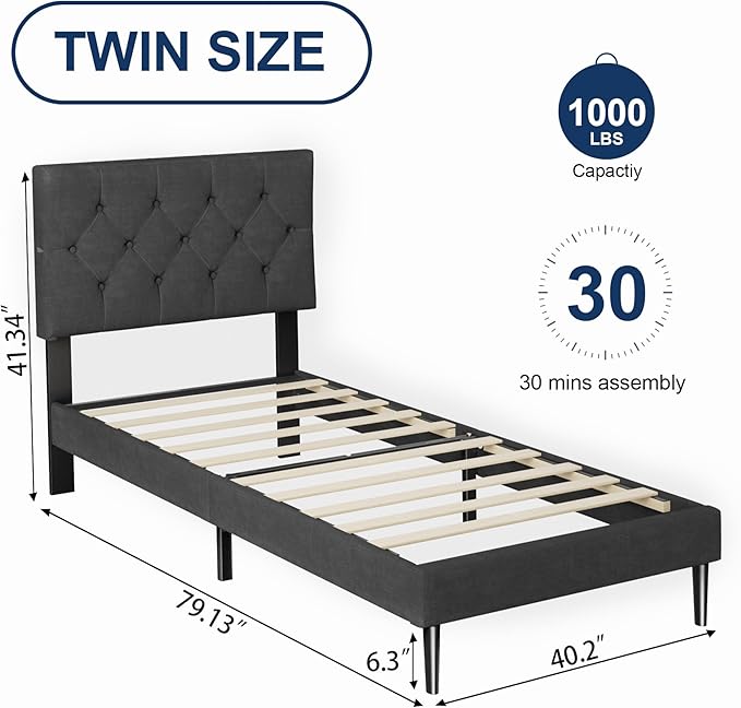 Twin Size Platform Bed Frame with Upholstered Headboard, Button Tufted Design, No Box Spring Needed, Dark Grey