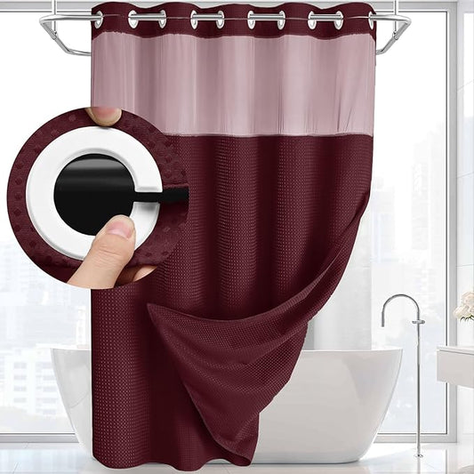 YellyHommy No Hook Shower Curtain with Snap in Liner Set Less Time Waffle Shower Curtain for Bathroom 75" L x 72" W Burgundy