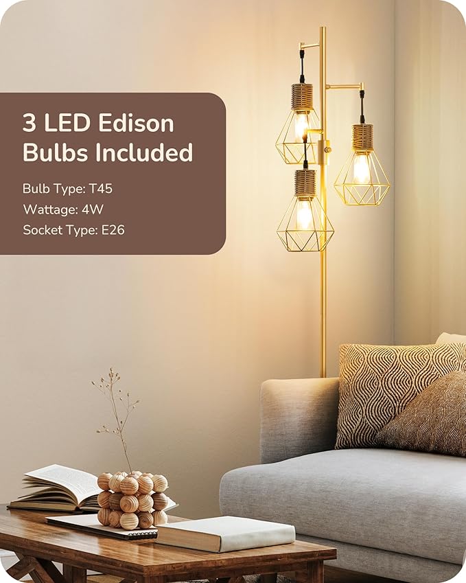 EDISHINE Dimmable Industrial Floor Lamp, Farmhouse Standing Lamp for Living Room with 3 LED Edison Bulbs, Diamond-Shaped Cage, Corner Rustic Rattan Reading Lamps for Bedroom, Office, Gold