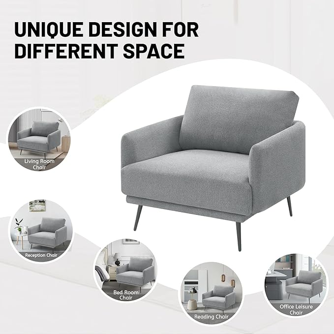 Oversized Accent Chair for Living Room Chairs Reading Arm Chair Comfy Modern Single Sofa Side Chairs with Metal Legs & Soft Cushion for Bedroom, Balcony,Waiting Room (Polyester, Grey)
