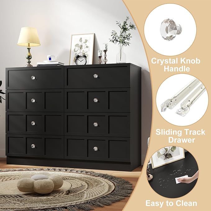 Wood Dresser for Bedroom 8 Drawer: 47" Black Chest of Drawers Wood, Modern Fluted Cabinet with Sturdy Storage, Wide Aesthetic Furniture for Room Organization