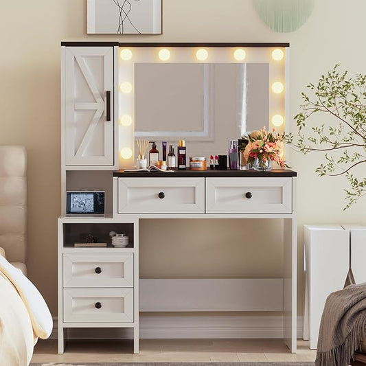 Likein Vanity Desk with Mirror and Lights, Makeup Vanity Set with 4 Drawers & Storage Cabinet, Power Outlet, White Vanity Dressing Table with 3 Lighting Modes Adjustable for Girl Bedroom