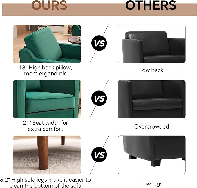 Mid Century Modern Accent Chairs Set of 2, Upholstered Reading Armchair for Living Room, Velvet Comfy Sofa Chair with Wood Legs for Bedroom, Office, Waiting Room, Green