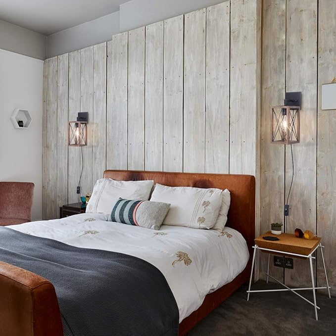 VILUXY Wood Wall Sconces Retro Industrial Rectangle Bedside Wall Sconce Plug-in Cord with Switch Lighting Fixture Black Wall Lamp for Bedroom, Hallway, Entryway, Passway, Dining Room 2 Pack