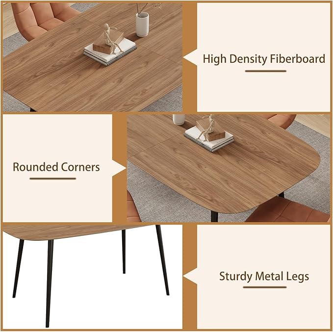 47.2'' Dining Table Set for 4,Modern Wood Dining Table,Leather Dining Chairs 4,Table and Chairs Set of 4,Ideal for Kitchen Dining Room (Walnut Color Table + 4 Brown Chairs, 47.2")