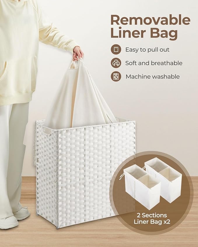 Greenstell Laundry Hamper with lid, No Install Needed, 110L Wicker Laundry Baskets Foldable 2 Removable Liner Bags, 2 Section Clothes Hamper Handwoven Rattan Laundry Basket with Handles, White