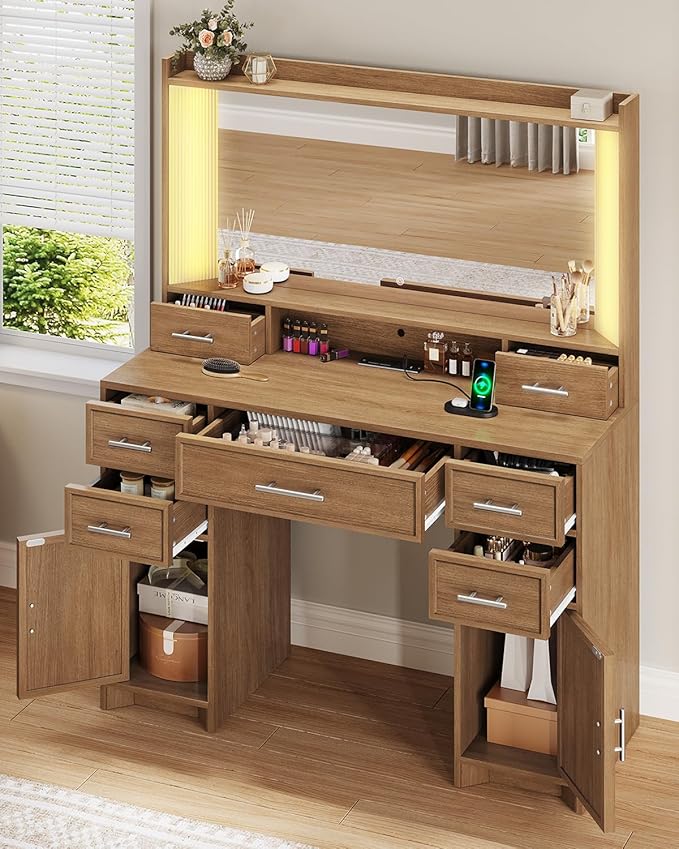AOGLLATI Vanity Desk with Mirror and Lights, Makeup Vanity Desk with Lights, Large Mirror with Charging Station and 3 Color Lightbox, White Vanity Table with 7 Drawers for Bedroom, Dark Brown