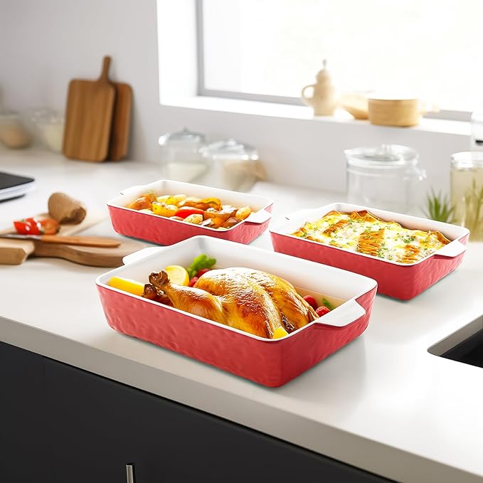 Casserole Dishes for Oven, Ceramic Baking Dishes, Lasagna Pan with Handles, Porcelain Baking Pan Deep, Bakeware for Baking, Cooking, Wedding Gift, Set of 3 (11.6" x 7.8", Red)