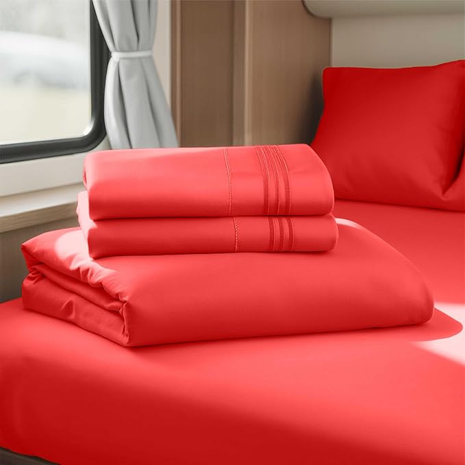 Clara Clark Bed Sheets, Premier 1800 Series 4 Piece RV Queen Sheet Set, Luxury Soft Sheets for RV Bunks, Short Queen - Cherry Red