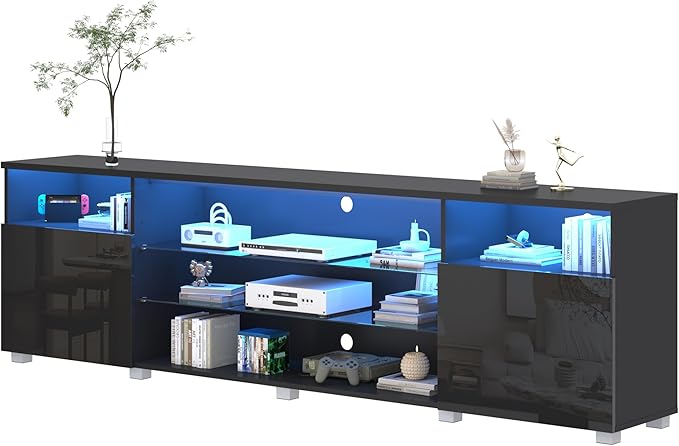 St.Mandyu LED TV Stand for 75/85/90 inch TV, Modern Television Table Center Media Console with Drawer and Led Lights, High Glossy Entertainment Center for Living Game Room Bedroom(Black)