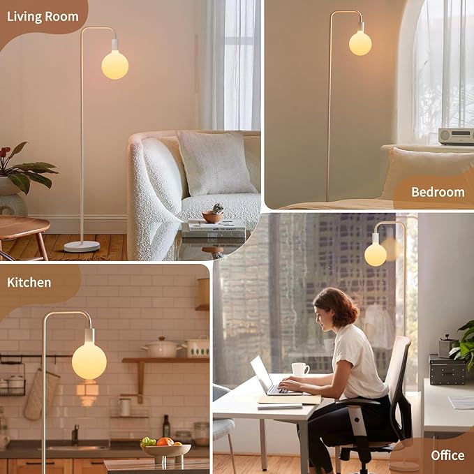 ONEWISH Modern Floor Lamp, Minimalist Standing Lamp with LED Bulb - Matt White Globe Glass 2700k Warm Light. 5.4ft Tall Floor Lamp for Livingroom, Bedroom, Office