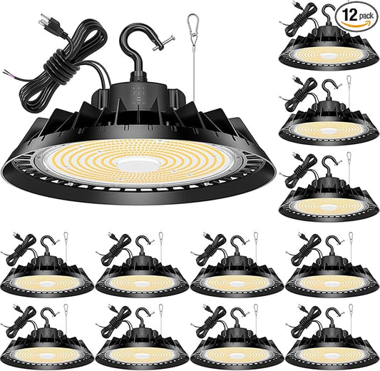 BBESTLED 12Pack LED High Bay Lights, Super Bright 150W UFO High Bay LED Shop Lights, 22500LM 5000K, 0-10V Dimmable, 5' Cable Plug, IP65 Waterproof, ETL Listed Plug&Play Lighting for Factory Warehouse
