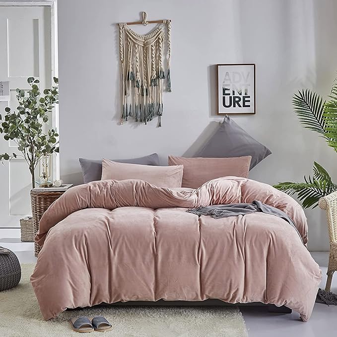 Luxlovery Pink Velvet Comforter Set Full Dusty Pink Flannel Plush Bedding Comforter Set Winter Thick Warm Solid Haze Pink Quilts Blanket Soft Heavyweight Comforter Set for Full Bed