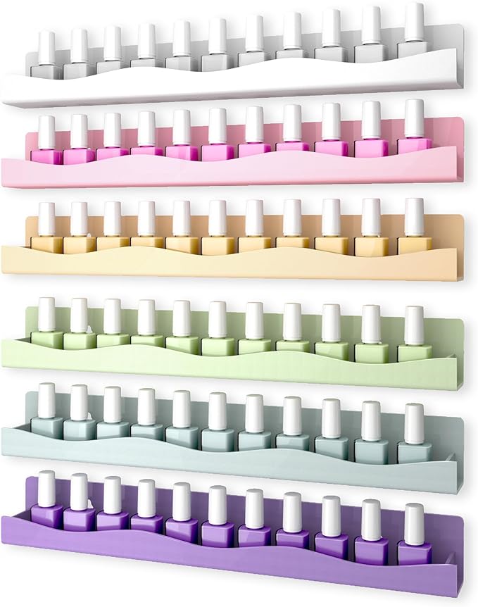 YMVV 6 Colors Nail Polish Wall Mounted Shelf,15 Inch Nail Polish Floating Shelves for 66-90 Bottles Multi-Purpose,Ideal Gift, Great Display for Salons Retailers,6 Pack