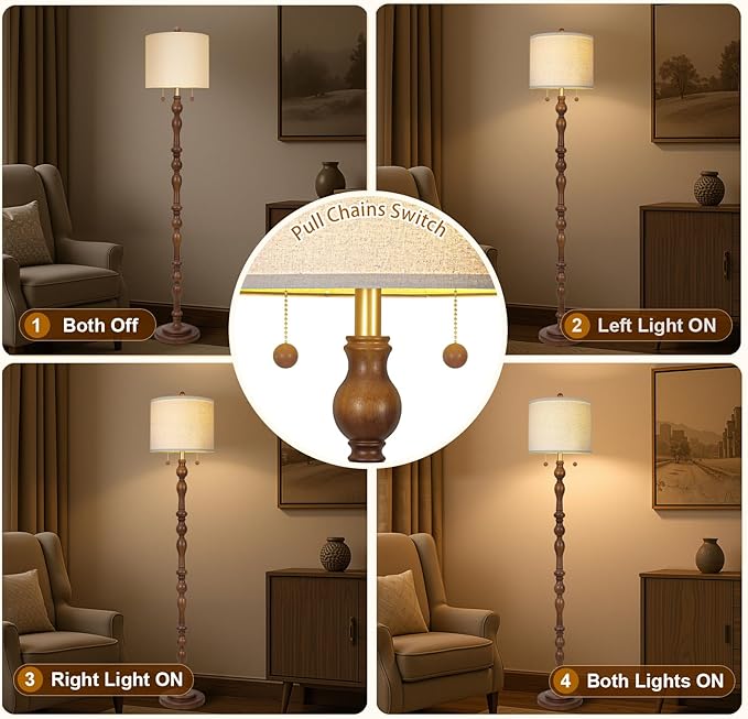 65.5" Natural Real Wood Floor Lamp with S Cluster Pull Chains Dual Switch,Wood Base Standing Lamp,Rustic Tall Lamp with Linen Shade,Farmhouse Floor Lamp for Living Room,Bedroom,Office(Bulb Included)