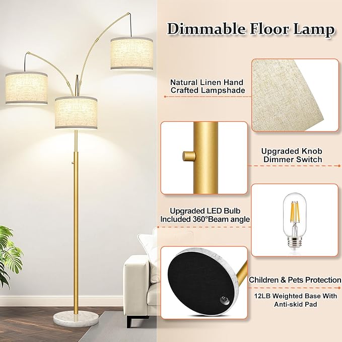 Dimmable Floor Lamp - 3 Lights Gold Floor Lamps for Living Room Linen White Shades & Marble Base, Mid Century Tree Floor Lamp for Bedroom Office, 3 LED Bulbs Included