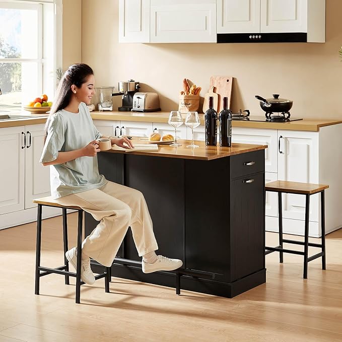 Stationary Kitchen Islands Include 2 Chairs, 47" Kitchen Island with Drop Leaf, Home Bar Table with Spice Rack & with Trash Cabinet, Island Table for Dining Room with Power Outlet, Black