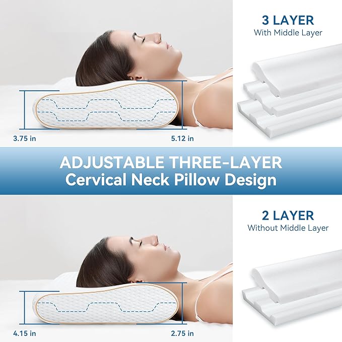 Sandwich Memory Foam Pillow for Sleeping - Ergonomic Cervical Cooling Pillows King Size, Adjustable Contour Pillow for Neck, Bed Pillow for Side, Back & Stomach Sleepers