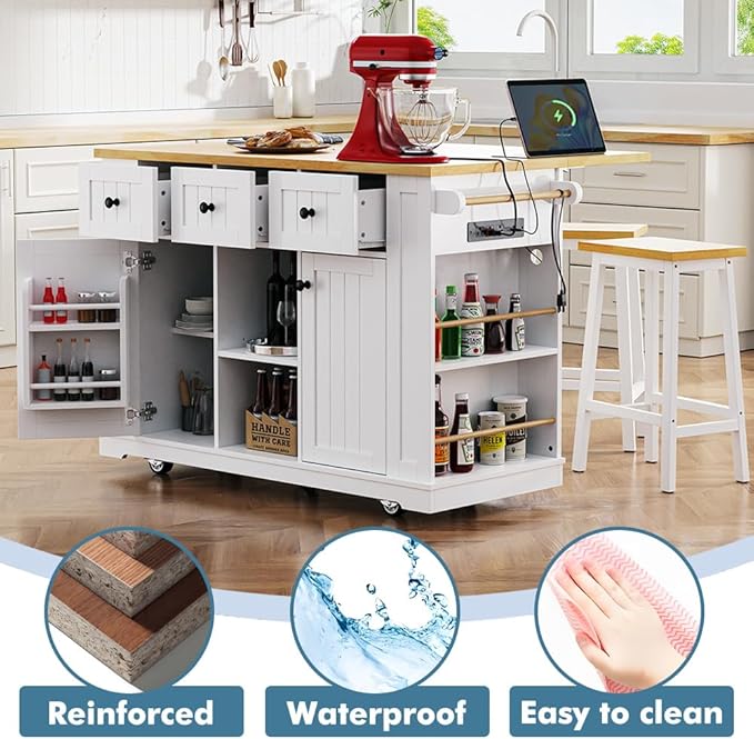 Rolling Kitchen Island with Storage, Kitchen Cart on Wheels with Drop Leaf, Mobile Kitchen Storage Cart with Power Outlet, Open Side Racks, 53 Inch Width, Three Drawers (White)