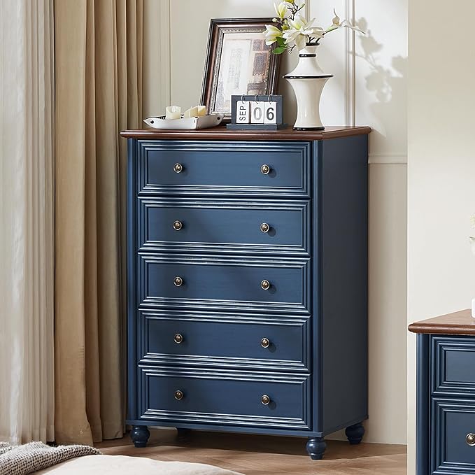 Farmhouse Dresser for Bedroom Set of 2, 5 Drawers Wood 45" Tall Chest of Drawers, Dresser Rustic Storage Dressers Organizer with Metal Handle Closet for Living Room, Hallway Entryway