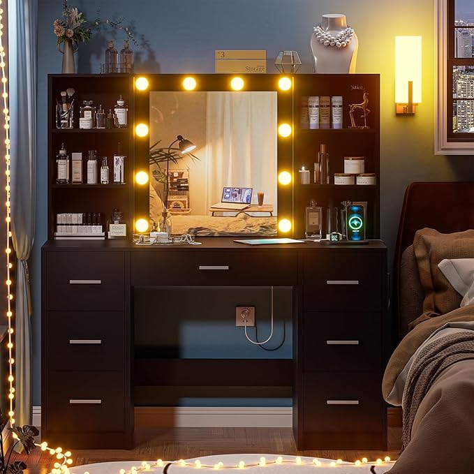 Large Vanity Desk with Mirror and 10 Lights, Makeup Vanity Table with Power Outlet, 7 Drawers and 6 Storage Shelves, Makeup Vanity Desk Dressing Table with 3 Lighting Modes for Bedroom (Black)