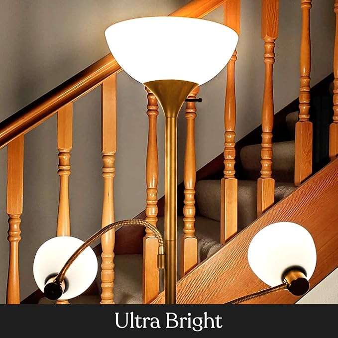 Brightech Sky Dome Double LED Floor lamp, Torchiere Super Bright Floor Lamp with 2 Reading Lamps for Living Rooms & Offices - Dimmable Tall Standing Lamp for Bedroom Reading - Tall Brass Pole