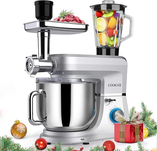 COOKLEE 6-IN-1 Stand Mixer, 8.5 Qt. Multifunctional Electric Kitchen Mixer with Beater, Whisk, Dough Hook, Meat Grinder and Other Accessories for Most Home Cooks, SM-1507BM, Silvery