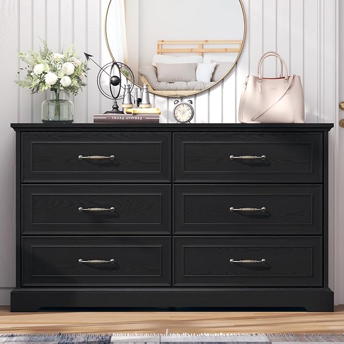 Dresser for Bedroom with 6 Drawer, Farmhouse Dresser for Closet, 47'' Wide Rustic Wooden Chest of Drawers with Natural Wood Texture, Vintage Storage Organizer for Living Room, Hallway, Black