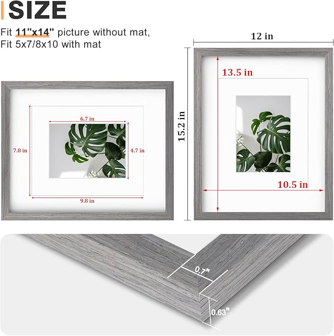 Egofine 11x14 Picture Frame Made of Solid Wood with Plexiglass, Display Pictures 5x7/8x10 with Mat or 11x14 Without Mat for Tabletop and Wall Mounting, Oak Grey