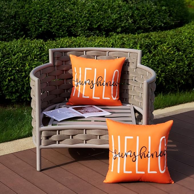 DFXSZ Outdoor Pillow Covers 18x18 Inch Set of 2 Hello Sunshine Decor Orange Waterproof Throw Pillow Covers Fall Outdoor Waterproof Pillow Covers Decor for Patio Funiture Garden Sofa Couch 020C18