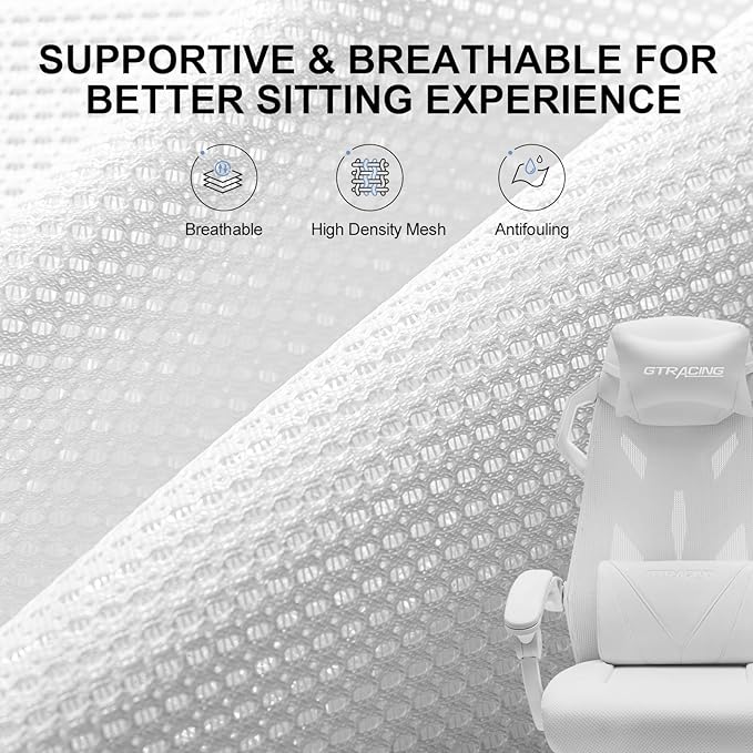 GTRACING Gaming Chair, Computer Chair with Mesh Back, Ergonomic Game Chair with Footrest, Reclining Game Chair with Adjustable Headrest and Lumbar Support for Gaming and Office (White)