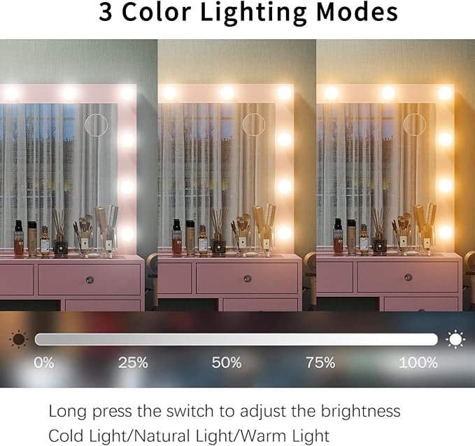 13 Drawers Vanity Desk, 47''W Makeup Vanity with Power Outlet, Vanity Table with Mirror and 12 LED Bulbs, 3 Color Lighting Modes, Glass Top, Dressing Table for Bedroom (Pink)